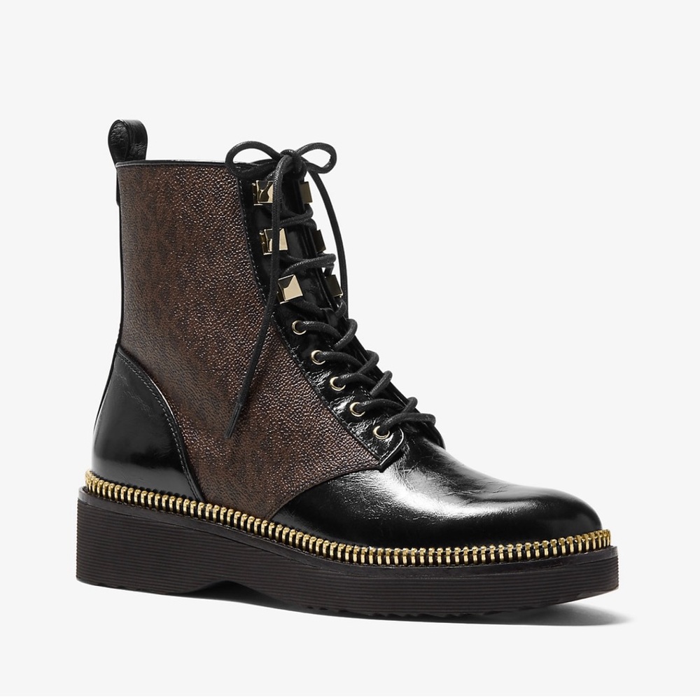 Michael Kors Haskell 7M Crinkled Leather and Logo Combat Boot Size